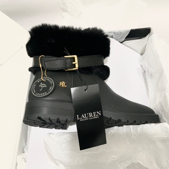Ralph Lauren Evanston Waterproof Black Leather Winter Warm Fur Moto Boots 7 - Picture 7 of 13